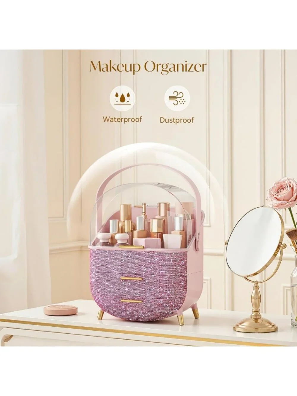 Chic Bling Makeup Organizer - Clear Cosmetic Display Case for Teen Girls, Pink